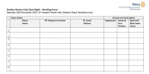 Quiz Night Booking Form November 2023 Quiz Night Booking Form November 2023